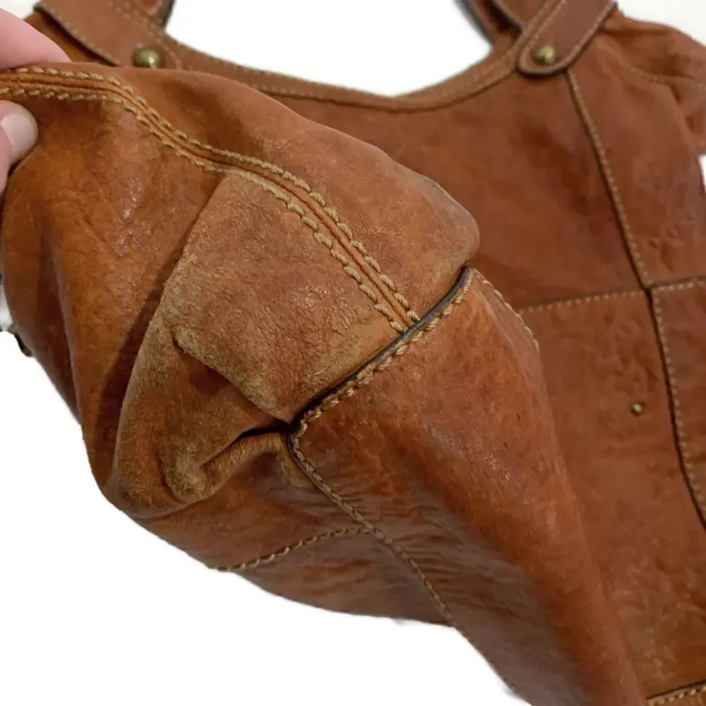 Vintage Fossil Brown Leather Floral Embossed Tote